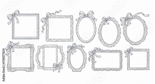 Set of elegant lace picture frames with decorative bows in various shapes, vintage vector illustration