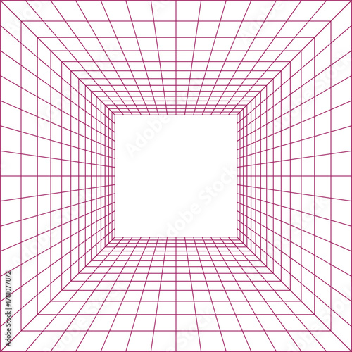 Abstract perspective grid tunnel with glowing white light at the end and pink grid lines