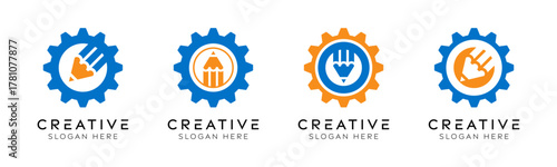 Set of gear pencil logo design templates. Modern isolated gear with pencil design for mechanics, technology, and education.