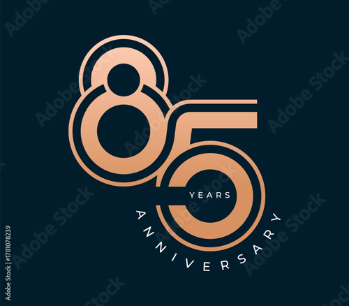 85 Years Anniversary design vector illustration. Unique 85 years logo design template. In gold color