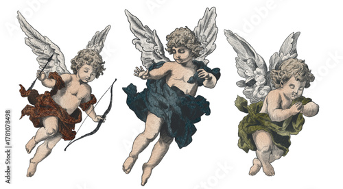 Vector set Freehand Cupids scribble isolated on white background. Texture of writing materials. Handwritten valentines doodles and pencil strokes. Hand watercolor drawn cupidon. Line art