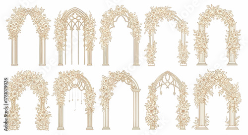A set of elegant floral wedding arches with classic architectural design elements, a vector illustration