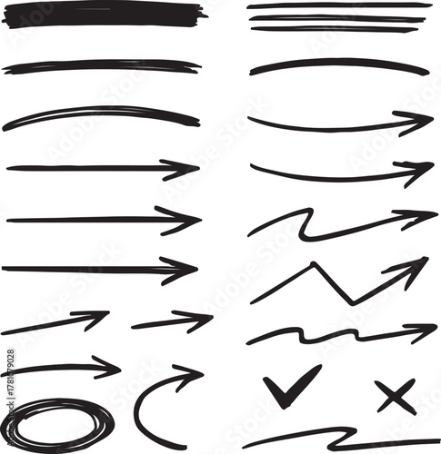 Blue ballpoint pen annotation stroke collection with arrows and marks