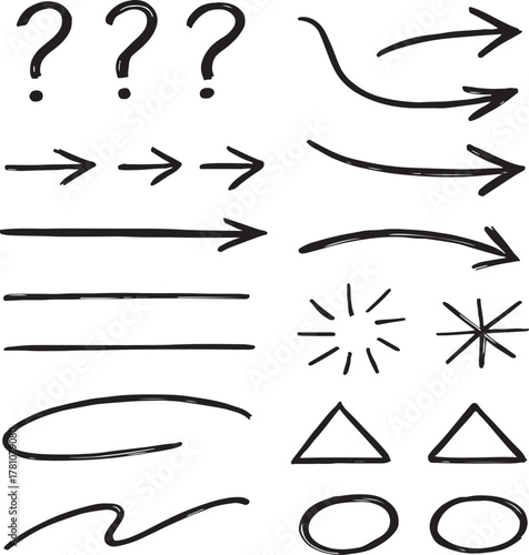 Hand drawn sketch elements for ideas and concepts including arrows and question marks