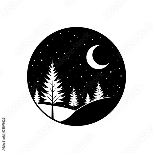 Minimalist night forest with crescent moon and stars, winter scenery.