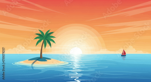 Idyllic tropical sunset scene with a small island, swaying palm tree, and a sailboat gracefully gliding across the tranquil ocean under a gradient sky