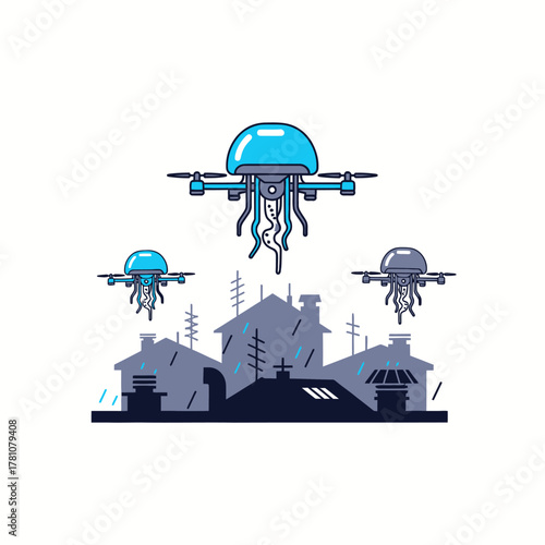 Futuristic Jellyfish Drones Flying Over City Buildings in a Cartoon Style.