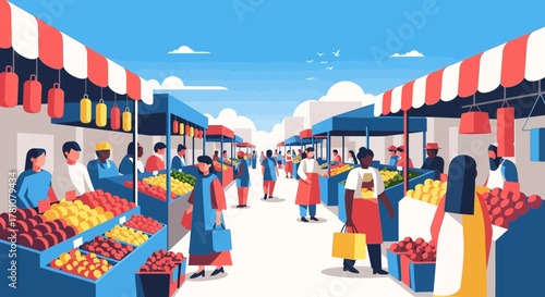 Vibrant outdoor marketplace bustling with diverse shoppers browsing colorful produce stalls under striped awnings