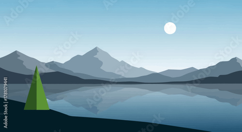 Tranquil Mountain Lake Scene A Serene Landscape Illustration with Mountains and Water Under the Sun