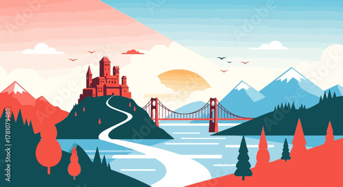 Fantasy landscape illustration combining a historic castle, a flowing river, and a contemporary bridge, all set against a backdrop of majestic mountains and a vibrant sky, evoking a sense of adventure