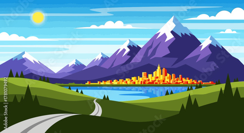 Idyllic summer landscape illustration depicting a journey towards a colorful city in a beautiful alpine valley with snow-capped peaks