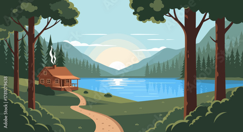 A tranquil illustration of a secluded wooden cabin by a serene lake at sunrise, nestled in a peaceful mountain forest landscape