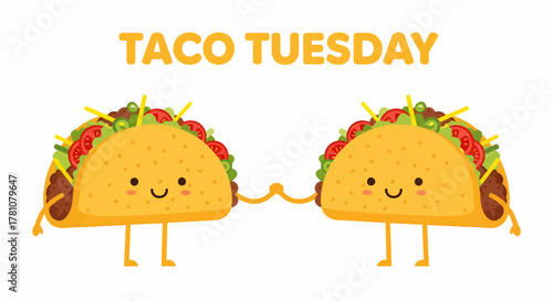 Two adorable cartoon tacos with happy faces hold hands under bold yellow "TACO TUESDAY" text, creating a cheerful and inviting vector illustration perfect for weekly Mexican food celebrations