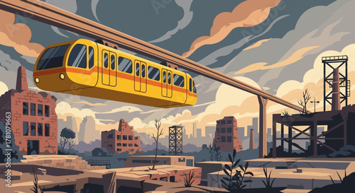 Futuristic Yellow Monorail Train Transporting Passengers Above the City.