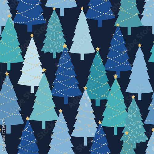 Festive christmas trees in various shades of blue