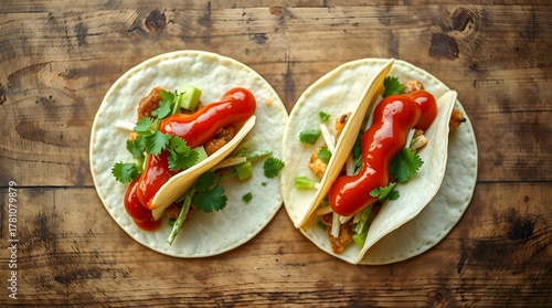 Fresh mexican chicken tacos with ketchup and cilantro on wooden table, top view.