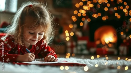 Adorable young girl in red pajamas writing her Christmas wish for Santa by a glowing fireplace, lounging on a soft carpet beside a twinkling, decorated holiday tree