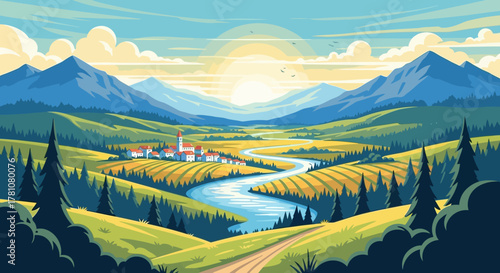 Picturesque Landscape with River and Mountains under a Bright Sky