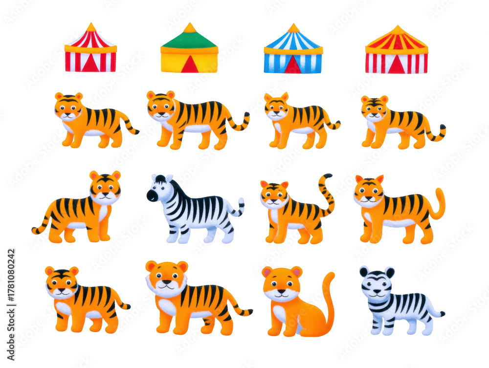 Fototapeta premium Cute tiger and zebra cartoon animals with colorful circus tents, playful and cheerful, isolated on transparency background, perfect for children, education, and fun design projects