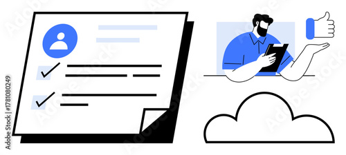 Checklist with profile details, professional holding tablet, thumbs-up icon, and cloud graphic. Ideal for user authentication, feedback systems, cloud services, technology, networking efficiency