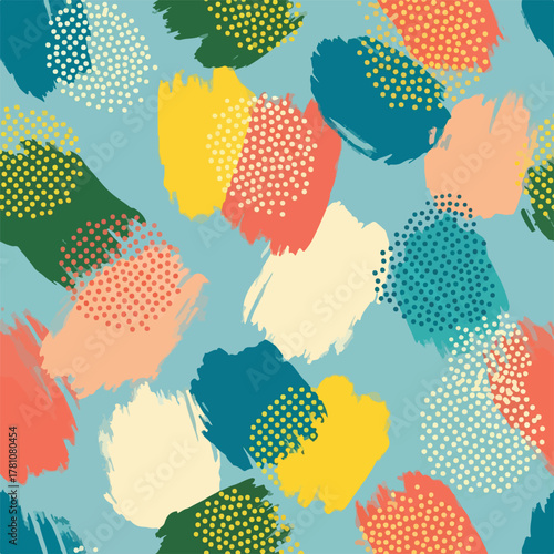 Abstract colorful brush strokes and dots pattern on blue background