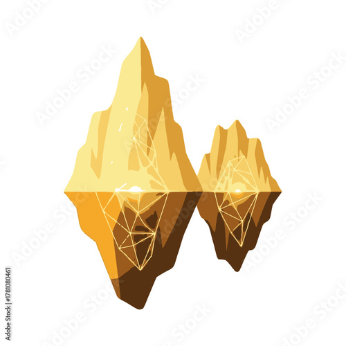 Golden Floating Islands with Geometric Details, Fantasy Landscape, Isolated on White.