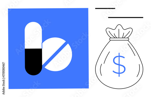 Capsule and tablet next to dollar-sign-labeled money bag represent financial aspects of healthcare. Ideal for medical expenses, insurance, healthcare budgeting, pharmaceutical pricing, treatment