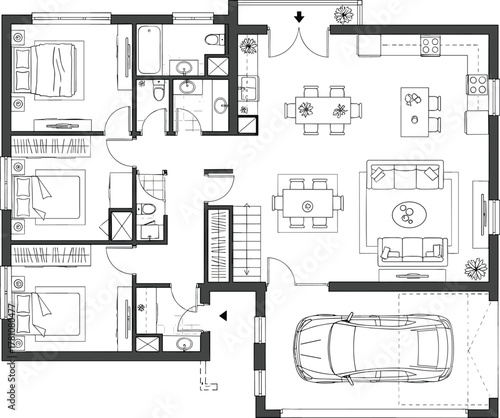 Single-story house floor plan, black and white vector, garage, bedrooms, bathrooms, kitchen, living room, dining area, furniture layout, architectural drawing