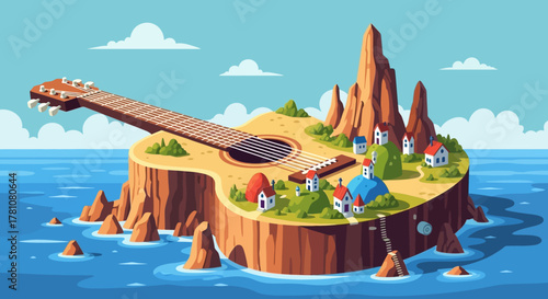 Guitar Island - A Whimsical Musical Landscape with Tiny Houses and Towering Cliffs.