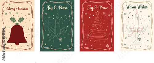 Festive Holiday Greetings Card Set with Traditional Christmas Illustrations and Winter Decorations