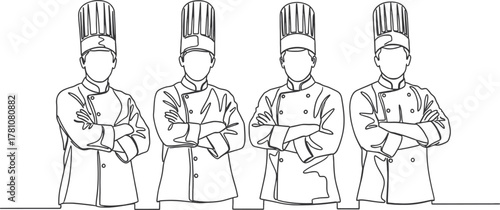 A minimalist line drawing of four chefs standing side-by-side, each wearing a traditional chef's hat and uniform. The drawing is rendered in black and white