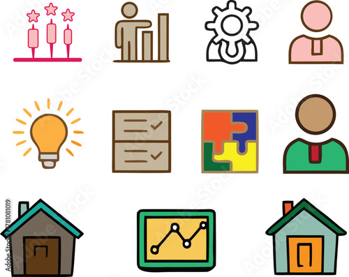 Collection of business and finance related icons and symbols