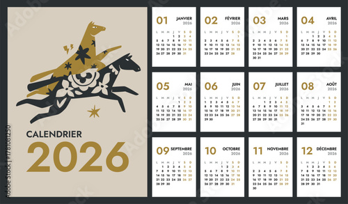 2026 full monthly vertical A4 calendar template with Horse on cover. French months names