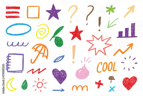 Doodle. Crayon. Hand Drawn. A colorful vector set of various fun and creative crayon or chalk doodles for a children's book, a school project, a social media post, or a background.