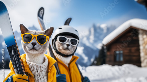 A portrait of cats in sunglasses with skis standing in front of a ski resort chalet, waiting for the gondola to take them up the slope, a poster inviting them to the ski resort