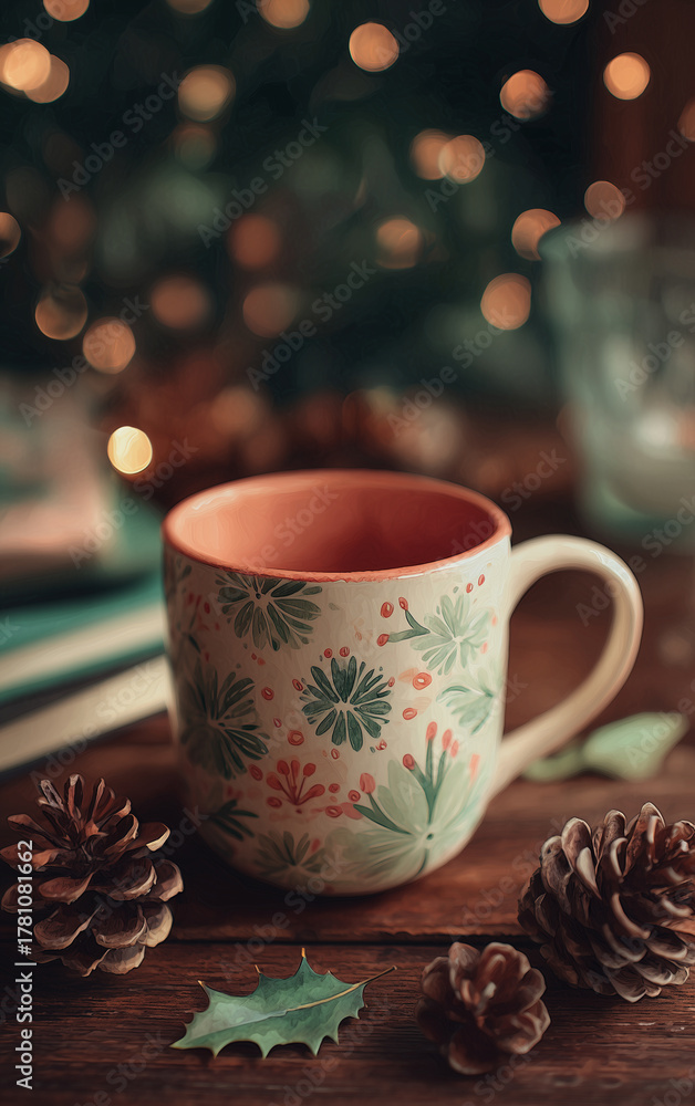 Fototapeta premium Watercolor painting of a festive mug surrounded by pine cones, holly leaves, and Christmas lights — cozy holiday still life illustration perfect for winter greeting cards and seasonal designs