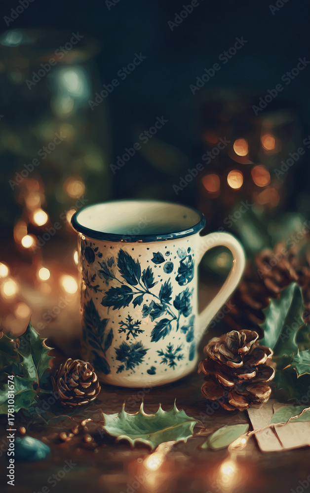 Fototapeta premium Watercolor painting of a festive mug surrounded by pine cones, holly leaves, and Christmas lights — cozy holiday still life illustration perfect for winter greeting cards and seasonal designs