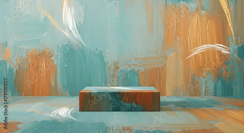 Abstract Product Display on Cube Podium Against Teal and Orange Textured Brushstroke Background.