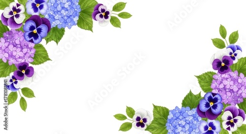 A floral arrangement featuring hydrangeas and pansies with green leaves on a white background.