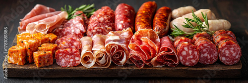 Rustic meat plate with assorted cured meats and cheeses Generative AI