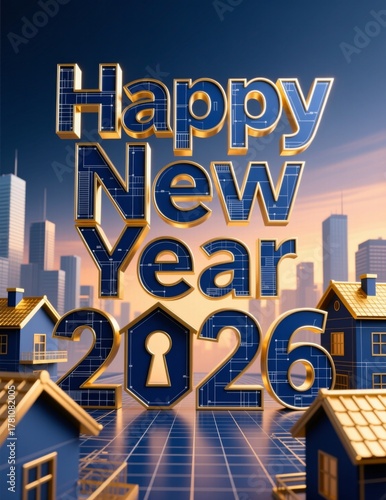 Happy new year 2026 blueprint text, golden houses, keyhole, urban backdrop, new beginnings.