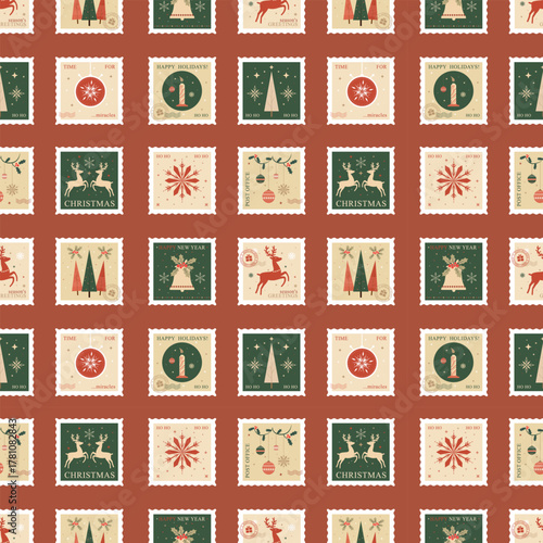 фотографія Vintage Christmas postage stamp pattern on terracotta background, retro holiday