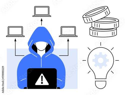 Hooded figure at laptop with warning sign, coins, laptops, and lightbulb gear icon. Ideal for cybercrime, data security, fintech risks, hacking prevention, innovation threats digital safety simple