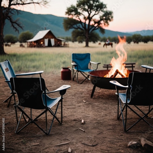 A group of chairs are arranged around a fire pit in a grassy field