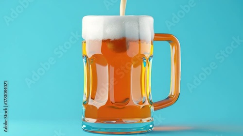 Video A clear glass filled with beer against a bright blue background