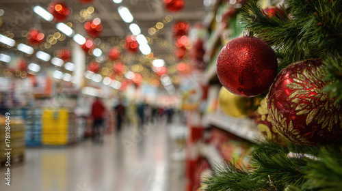 Festive holiday ornaments and red baubles hanging in a decorated store aisle for Christmas shopping season