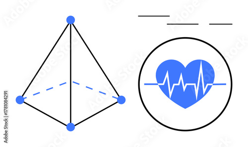 Geometric pyramid design with blue nodes alongside a blue heart with a pulse line in a circular frame. Ideal for healthcare, technology, wellness, stability, innovation, connection, simple flat
