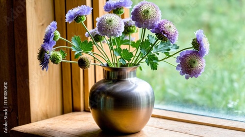 A vase of flowers sits on a wooden table by a window