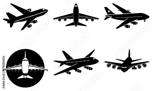 Dynamic collection of modern airplane silhouettes, perfect for aviation themes, travel designs, and transportation concepts, showcasing sleek aircraft in various perspectives.