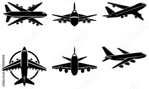 Diverse collection of modern jet airplane silhouettes showcasing different aerial perspectives and dynamic flight angles for aviation themes
